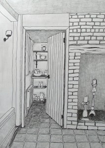 View through to kitchen - drawing pen and 3b pencil